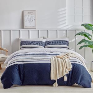 Sjzg-Parure De Lit 160 X 200 4 Pi&egrave;ces Housse De Couette 240x260 Cm + Drap Housse 160x200 Cm Avec 2 Taies D'oreillers 65x65 Cm En Microfibre, Design Boh&eacute;mien, Bleu Marine Rayures - Neuf