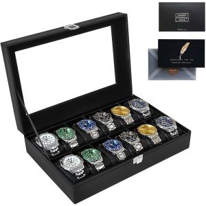 Kal-Boîte À Montres À 12 Emplacements, Coffret À Montres,Présentoir À Montres,Avec Couvercle En Verre,Coussinets Amovibles,Cadeau Pour Homme,Boîte Rangement Montre Pour Hommes Femmes,Noir - Neuf