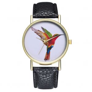Montre-Bracelet Zhoulianfa Pour Homme Et Femme, En Cuir Synthetique, Decontractee, Motif Perroquet, Cadran Rond, Noire - Neuf