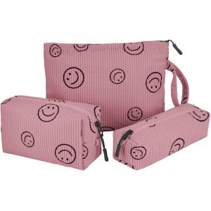 CHENG-3 Pièces Trousse Cosmétique, Corduroy Trousse de Toilette Voyage, Toile Améliorée à l'intérieur Organisateur de Maquillage, Sourire Sac de Toilette pour Femmes Fille, Rose - Neuf