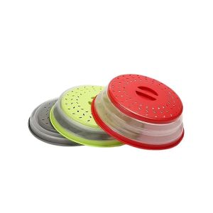 Lot De 3 Couvre-Aliments Pliables Pour Micro-Ondes Rond Avec Poign&eacute;e Rouge + Vert + Gris - Neuf