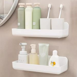 Lot de 2 &Eacute;tag&egrave;re Salle de Bain, &Eacute;tag&egrave;re Douche Sans Per&ccedil;age en Plastique, Porte Shampoing Gel Douche, Paniers Rangement Mural pour Salle de Bain Cuisine, Blanc-Long Panier - Neuf