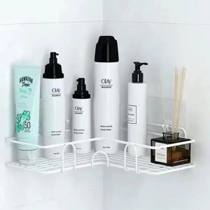 Fournitures de salle de bain étagère murale flottante organisateur en métal chariot salle de bain rideau de douche organisateurs de rangement de cuisine commode-White Triangle- - Neuf