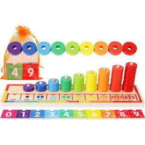 Wooden Stacking Ring-Montessori Learning to Count-Educational Toy for 3 Years-Sorting Toy Set of 45 Coloured Rings for Learning Colours and Geometric Shapes - Neuf