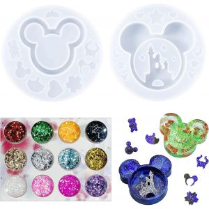 Silicone Moule Pour Bijoux, 2 Pcs T&ecirc;te De Souris Moule R&eacute;sine Epoxy En Forme De Ch&acirc;teau Avec 12 Couleur Paillettes Pour D&eacute;corations De Bijoux, Pendentif Suspendu Porte-Cl&eacute;s Bricolage - Neuf