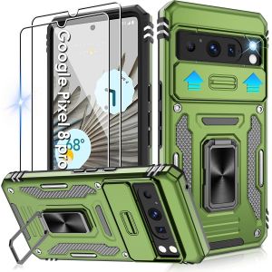 LORANKA-Lot de 2 coques pour Google Pixel 8 Pro avec protecteur d'&eacute;cran et protection d'appareil photo coulissante, de qualit&eacute; militaire, r&eacute;sistantes aux chocs, avec anneau de support, vert - Neuf