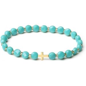 Eryi-Bracelet Original Fait Main Pour Femme En Cristal De 6mm Stretch Pierres Semi-Précieuses Facettées Design Croix Plaqué Or 18k Bijoux Femme - Neuf