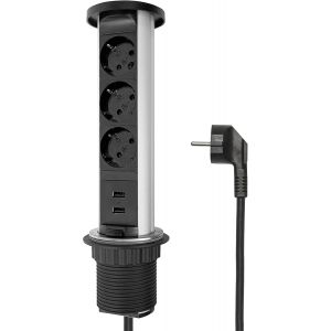 Escamotable Prise De Table 3-Fois, Noir, M&eacute;tal, Avec S&eacute;curit&eacute; Enfants, Prise Encastr&eacute;e Avec C&acirc;ble De Raccordement De 1,5 M, Prise De Courant Id&eacute;ale Pour Le Bureau, La Cuisine Et L'atelier - Neuf