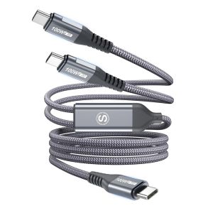 ERYI-C&acirc;ble Multi Usb C 100W, 1.3M C&acirc;ble Charge Rapide 2 En 1 Usb C, Chargeur Type C 5A Pd, Pour Iphone 16/15, Samsung S25/S24/S23 &Agrave; S8, Ipad Pro/Air, Macbook Et Autres Mod&egrave;les Type-C (Gris) - Neuf