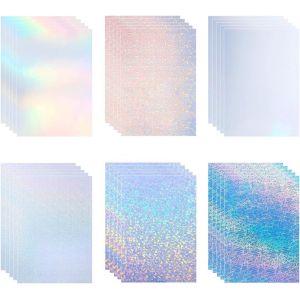 Lot De 30 Feuilles De Papier Autocollant Holographique Imprimable - 6 Motifs - Format A4 (21 X 29,7 Cm) - Imperméable - Papier Autocollant Scintillant Pour Imprimante À Jet D'Encre/Laser - Neuf