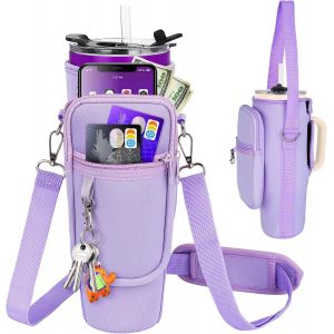 nzqaf-Sac de transport pour bouteille d'eau avec poche pour téléphone compatible avec gobelet Stanley/Meoky de 1,2 l avec poignée, pochette pour bouteille d'eau avec sangle réglable compatible avec l - Neuf