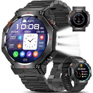 Gps Montre Connectée Homme,1.39"" Hd Smartwatch Avec Appels Bluetooth/Led Flashlight/Fréquence Cardiaque Spo2/Sommeil/3Atm Étanche Et Batterie 530Mah,107 Modes Sportifs Montre Sport (Noir Acier) - Neuf