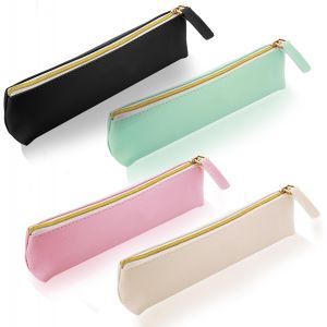MAA-Lot de 4 trousses à crayons en cuir avec fermeture éclair pour stylos, crayons, marqueurs (noir + vert + rose + blanc) - Neuf