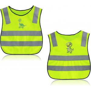 Xekal-Gilet Reflechissant Enfant,2 Pièces Gilet Jaune Enfant,Motifdinosaure Gilet Fluo Enfant,Gilet Réfléchissant De Nuit Pour Enfants,Pour Camping,Randonnée,Ski - Neuf