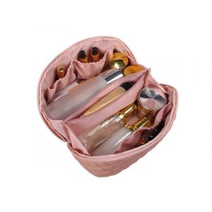 Trousse de maquillage de voyage en cuir PU rose avec rangement multi-poches et poign&eacute;e amovible - Neuf