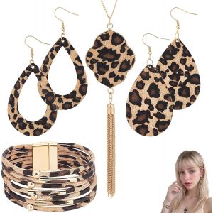 4 Pi&egrave;ces Jeux De Bijoux Femme Motif L&eacute;opard, Boucles D'oreilles Motif L&eacute;opard Moderne Et &Eacute;l&eacute;gant | Accessoires L&eacute;oprint, Bijoux De No&euml;l Pour Femmes, Collier Boucles D'oreilles Bracelet Multicouche - Neuf