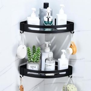 Etagere Douche Angle sans Percage, 2 Pi&egrave;ces, Etagere Angle Salle de Bain en Alliage de Aluminium avec 4 Crochets, Porte Gel Douche Antirouille, Installation Adh&eacute;sive (Noire) - Neuf