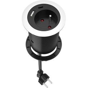 Prise Encastrable Compacte avec 1 Prise,1 Port USB C,1 Port USB A,60 mm de Diamètre,1,5m de Câble,Multuprise pour Le Bureau,Les Meubles,La Cuisine,Noir - Neuf
