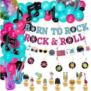 Lot De 91 Décorations De Fête Rock And Roll Des Années 50 -Comprenant Un Drapeau D'Élément,Un Tourbillon Suspendu,Des Décorations De Gâteau,Des Ballons,Une Bannière Pour Une Soirée - Neuf