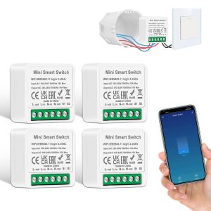 CHECARZHN--NO1-Lot De 4 Modules D'Interrupteur Intelligents 1 Voie/2 Voies - Mini Interrupteur Wi-Fi Diy - S'Adapte Derrière Un Interrupteur Mural - Compatible Avec Alexa Echo, Google Home, Smart Lif - Neuf