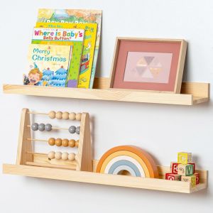Lot de 2 étagères murales rustiques en bois de 40 cm pour chambre à coucher, salon, salle de bain, cuisine, bibliothèque murale (naturel) - Neuf