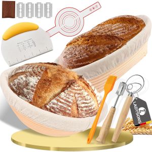 Jexnovashop-Banneton Pour Pain, Corbeille A Pain, Ronde 25 Cm Et Corbeille Pain Ovale 23 Cm, Paniere A Pain Avec Grattoir &Agrave; P&acirc;te, M&eacute;langeur &Agrave; P&acirc;te, &Eacute;lingue En Silicone, Pinceau &Agrave; Frire, Kit Boulanger - Neuf