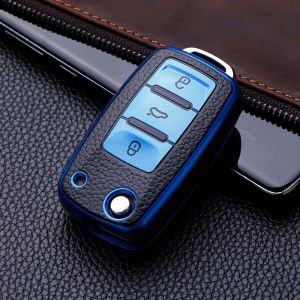 Étui pour clé de voiture en cuir Tpu,coque de Protection complète pour VW Volkswagen Polo Tiguan Passat Golf Jetta Lavida Octavia - Type Bleu - Neuf