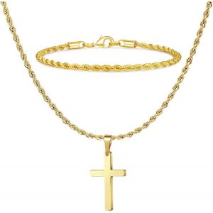 Kal-Collier Croix Pour Homme, Collier Cha&icirc;ne Pendentif Croix En Acier Inoxydable, Bracelet En Corde Torsad&eacute;e, Collier Crucifix En Argent Noir Et Or Et Bracelet Cha&icirc;ne En Corde &Eacute;paisse - Neuf