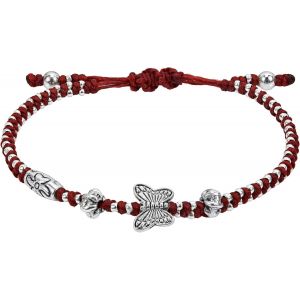 Bracelet Réglable En Corde Cirée Rouge Avec Papillon Tropical, 7 Inches, Cuir - Neuf