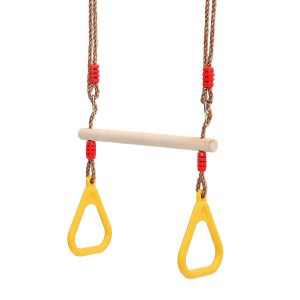 Trapèze en bois, anneaux et barre de gymnastique pour enfants, jaune, 200 cm, Matériau : Plastique (PP, PE) - Neuf