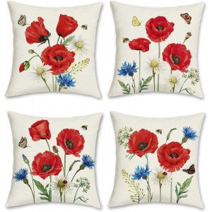 Trahoo-Lot De 4 Housse De Coussin Fleur De Coquelicot 45 X 45 Cm Fleurs De Pavot Rouge Polyester Lin D&eacute;coratif Taie D'oreiller Pour Canap&eacute; Lits Chaises Voiture Salon Maison D&eacute;cor - Neuf