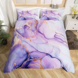 Double (Sans Couette)-Noir Blanc Gris-Parure De Lit Homewish En Marbre Violet Clair, Housse De Couette Fluide Et Abstraite Dorée Pour Homme Et Femme, Motif Marbre À Paillettes Bronzantes, Housse De - Neuf