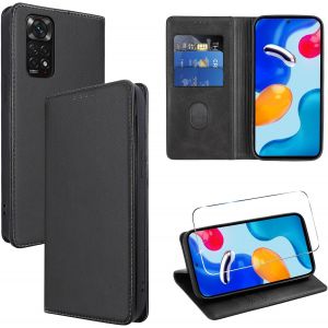 CAUC-Coque Cuir pour Xiaomi Redmi Note 11/Note 11S 4G 6.43"" avec 1 Verre Tremp&eacute; Etui &agrave; Rabat en PU Porte-Cartes Portefeuille Support Flip Housse Magn&eacute;tique Antichoc Anti-Rayures Case,Noir - Neuf