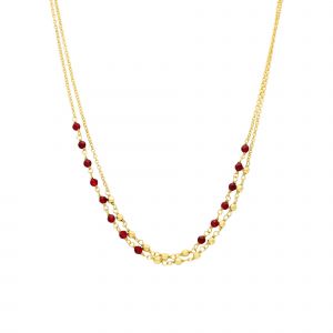 Collier Argent Dor&eacute; Doubles Cha&icirc;nes Pierre Grenat - Neuf