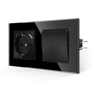 Interrupteur avec prise noire, prises en verre 16 A avec charge rapide USB et port de type C max.2,1 A, prise murale encastr&eacute;e 157 x 86 mm, 250 V - Neuf