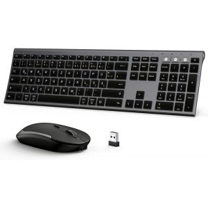 Clavier Bluetooth Avec Souris Sans Fil, Double Bluetooth Et Clé Usb 2,4 G, Ensemble De Souris, Sans Fil, Rechargeable, Avec Disposition Allemande Pour Mac/Windows/Android ¿ Noir Et Gris - Neuf