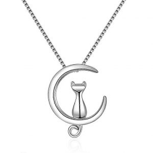 Collier Pendentif Chat Et Lune, D&eacute;licat Et Raffin&eacute;, En Argent Sterling 925, Bijou Fantaisie Pour Femme. - Neuf