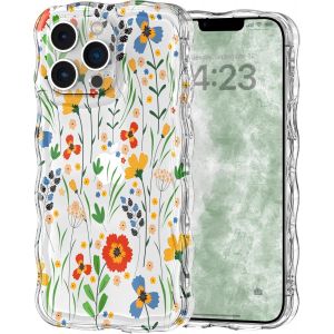 Eryi-Coque Pour Iphone 13 Pro Max Clair Transparent Avec Cadre Ondulé Bouclé, Housse Etui Motif De Fleur Florale Mignon Pour Femme Fille,Bumper Case Protection Antichoc En Silicone Souple,Fleur 2 - Neuf