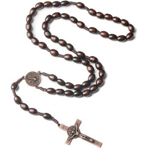 Trahoo-Collier De Chapelet Croix Catholique, Chaîne Croix Hommes, Chaîne De Prière En Bois Naturel Avec Médaille Croix Jésus-Christ Saint-Benoît - Neuf