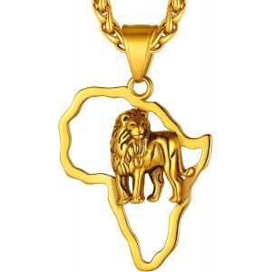 KAL-Collier Afrique Personnalisable,Pendentif Carte D`Afrique Avec Pays/Elephant/Lion Plaqu&eacute; Or/Noir/Acier Inoxydable + Cha&icirc;ne 55+5Cm,Bijoux Africain Fantaisie Cadeau Original Pour Femme Homme - Neuf