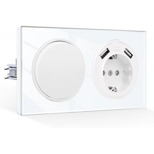 Interrupteur lumineux &agrave; bascule avec prise USB encastr&eacute;e-Prise Schuko en verre avec port USB-A 2,1 A-1 compartiment 1 voie-Blanc - Neuf