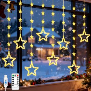 JGD-Guirlande lumineuse &eacute;toiles pour fen&ecirc;tre - 2 m - 8 + 40 &eacute;toiles - Rideau lumineux avec USB - T&eacute;l&eacute;commande - Minuterie - &Eacute;tanche - &Eacute;clairage de No&euml;l pour balcon, fen&ecirc;tre - Blanc chaud - Neuf