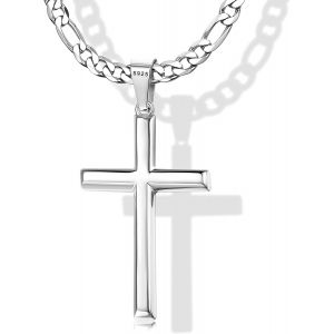 Trahoo-925 Argent Croix Pendentif Collier Pour Homme Femme 5mm Durable En Acier Inoxydable Diamant Figaro Ou Collier De Chaîne Sertie 18k Or Blanc Plaqué Or Rose Pendentif Croix Poli Fin Collier Croi - Neuf