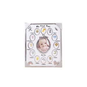Cadre photo &laquo; Premi&egrave;re ann&eacute;e de b&eacute;b&eacute; &raquo; - M&eacute;tal blanc et verre - Neuf