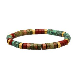 Bracelet Perles Heishi Unakite Turquoise Africaine Et Jaspe Rouge - Neuf