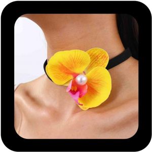 Kales-Collier Tour De Cou Boho En Cuir Orchidée Collier Fleur D'orchidée Exagérée Collier Tour De Cou Perle Courte Collier Fleur Vintage Collier Collier Fleur Perle Bijoux Pour Femmes (Jaune) - Neuf