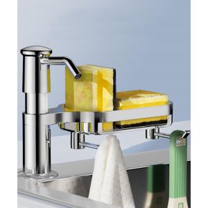KAL-Distributeur De Savon Pour Évier, Avec Porte-Éponge, Distributeur De Savon Encastrable De Cuisine, Distributeur De Savon Pour Plan De Travail Avec Tuyau De 1,0 M (Argent, Avec Porte-Éponge) - Neuf