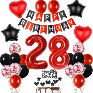 Décoration 28 ans anniversaire Noir Rouge,Ballon 28 ans anniversaire Rouge Noir Homme,Décoration gâteau 28 ans anniversaire Femme,Décoration anniversaire 28 ans Femme,Ballon anniversaire 28 ans - Neuf