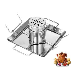 Support a poulet roti en acier inoxydable avec 4 brochettes pour barbecue - Neuf