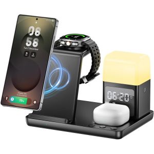 JGD-Station de Recharge inductive 6 en 1, Chargeur sans Fil 15W avec r&eacute;veil et veilleuse, Chargeur sans Fil Compatible avec Samsung Galaxy S25/24/Galaxy Buds3/Galaxy Watch, iPhone 16/15/AirPods4/3 - Neuf